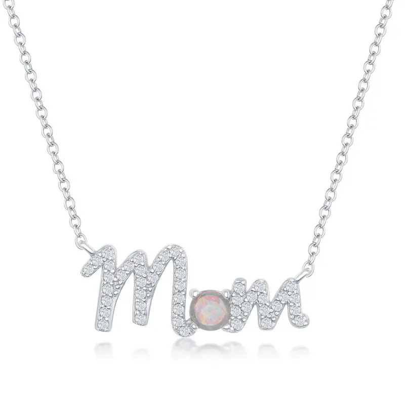 Sterling Silver, CZ and White Opal 'Mom' Necklace