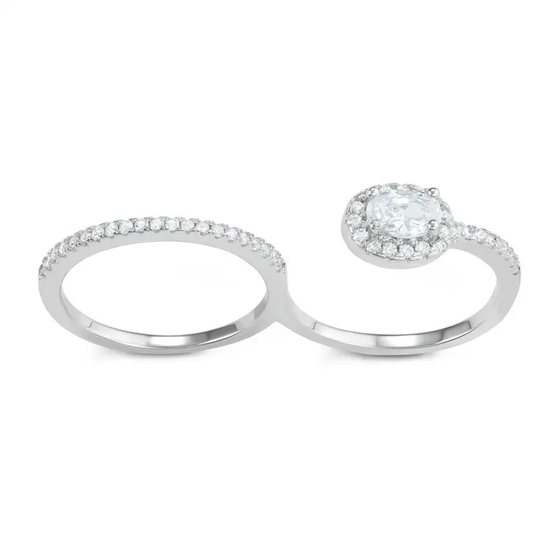Sterling Silver CZ Band and Open Oval CZ Double Finger Ring