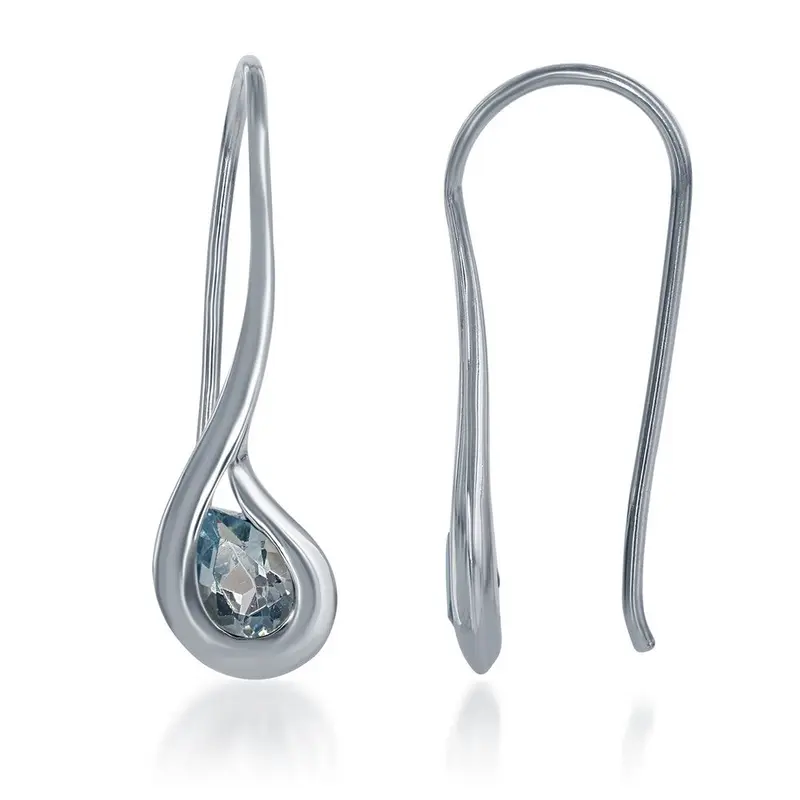 Sterling Silver Long Teardrop Gem Earrings - Blue Topaz