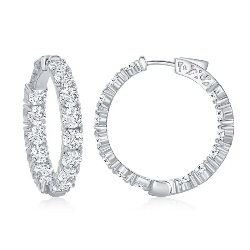 Sterling Silver, Inside-Outside 6x34mm CZ Hoop Earrings