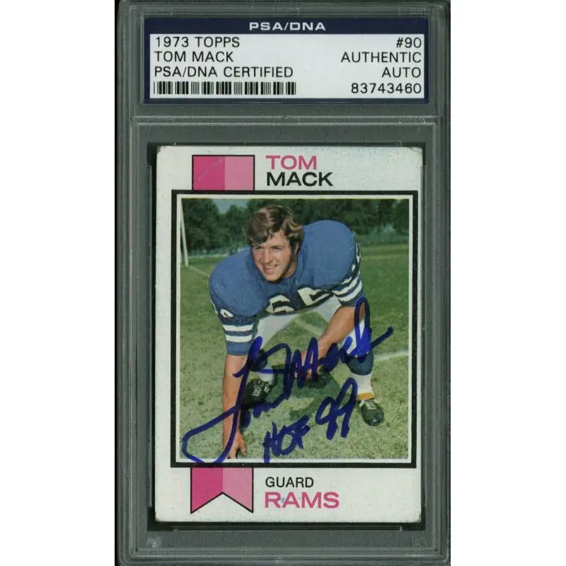 Rams Tom Mack  "HOF 99" Signed Card 1973 Topps #90 PSA/DNA Slabbed #83743460