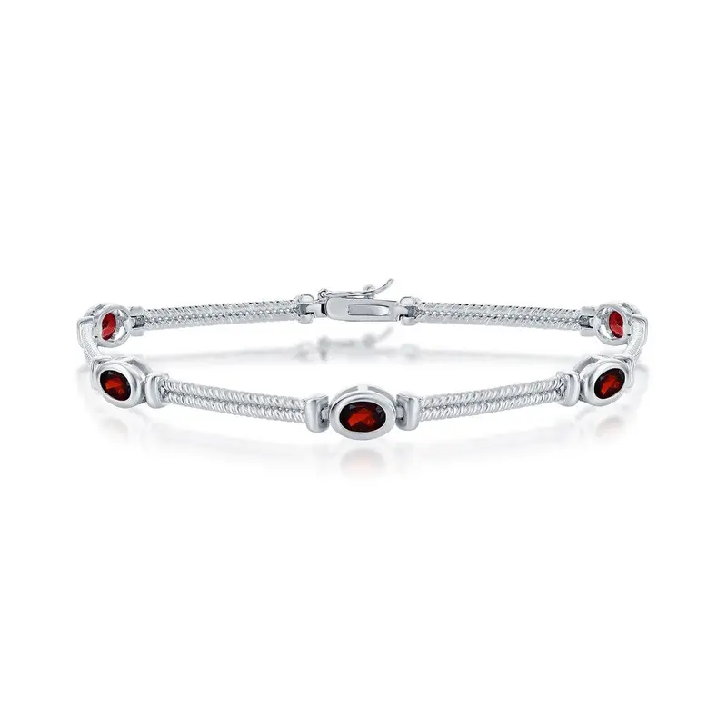 Sterling Silver Bar & 4x6mm Oval 2.85cttw Gem Bracelet - Garnet