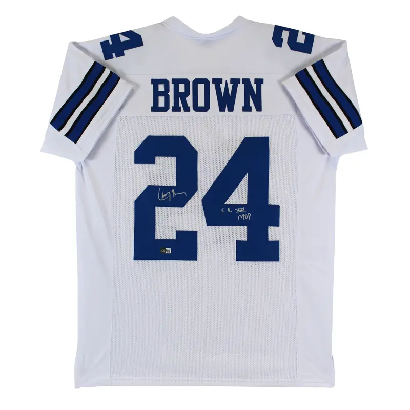 Larry Brown "SB XXX MVP" Signed White Pro Style Jersey Autographed BAS Witnessed