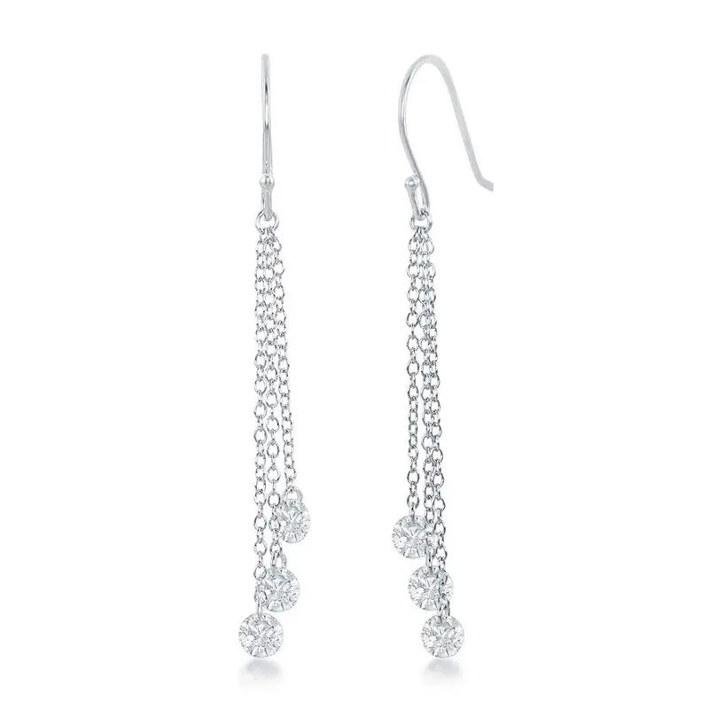 Sterling Silver Three Single Hanging CZ's Dangling Earrings