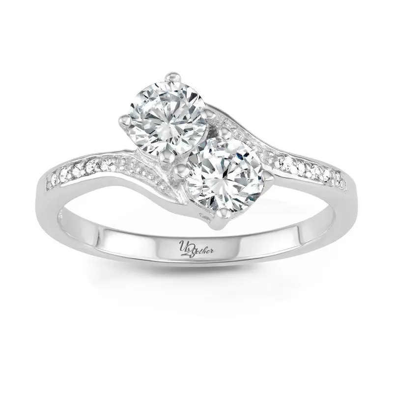 Sterling Silver, Round Two-Stone Ring - White Topaz
