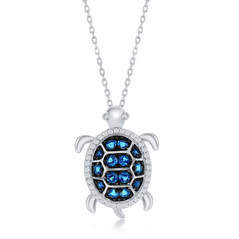 Sterling Silver Blue Spinel and White CZ Turtle Necklace