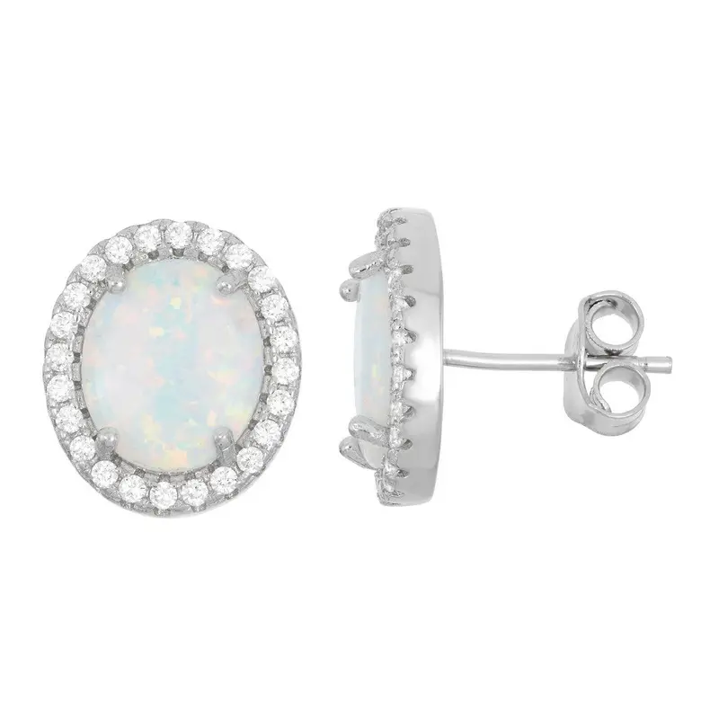 Sterling Silver White Inlay Opal Oval with CZ Border Stud Earrings