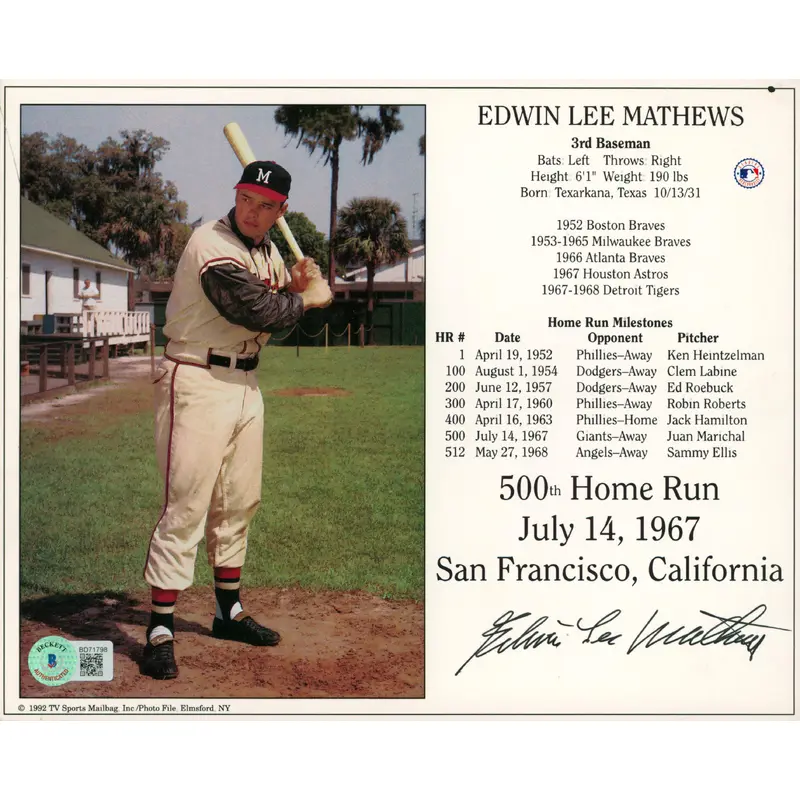 Braves Edwin Lee Mathews Authentic Signed 8x10 Photo Autographed BAS #BD71798
