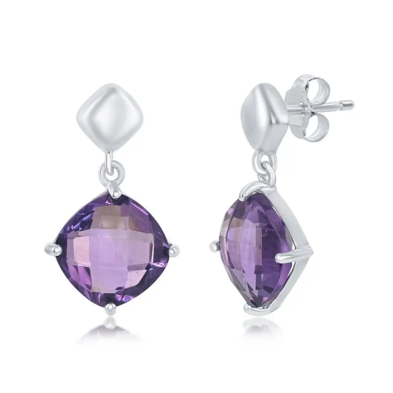 Sterling Silver, Four-Prong Square Cushion-Cut Gem Earrings - Amethyst