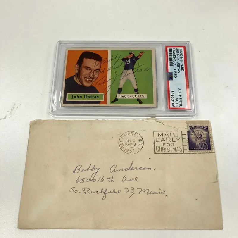 1957 Topps Johnny Unitas Rookie Signed RC PSA DNA Postmarked 1957