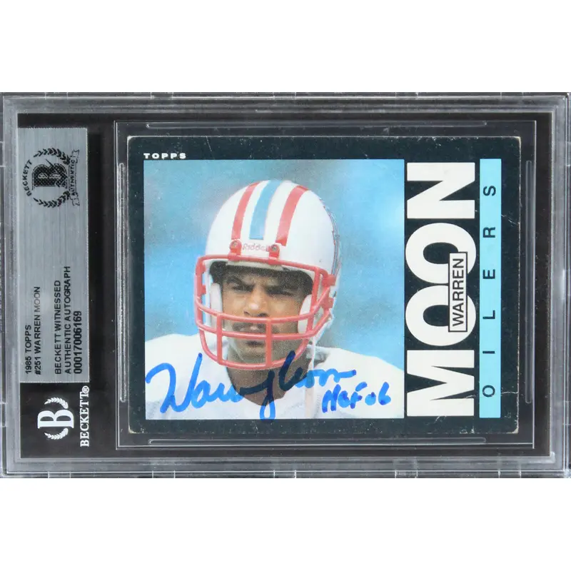 Oilers Warren Moon "HOF 06" Signed 1985 Topps #251 Rookie Card BAS Slabbed 1