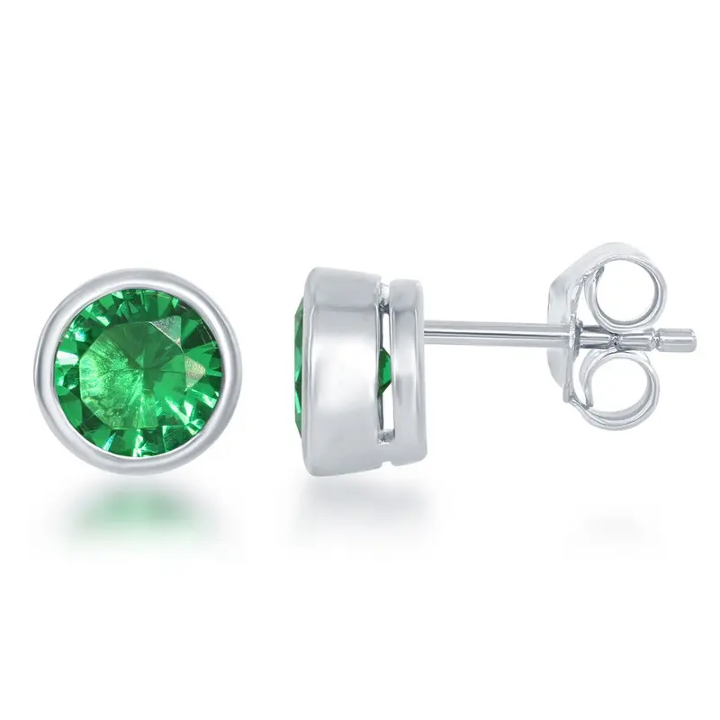 Sterling Silver, "May" Bezel Set Studs - Created Emerald