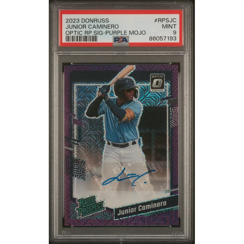 Junior Caminero 2023 Donruss Optic Purple Mojo Auto #4/5 PSA 9 Mint