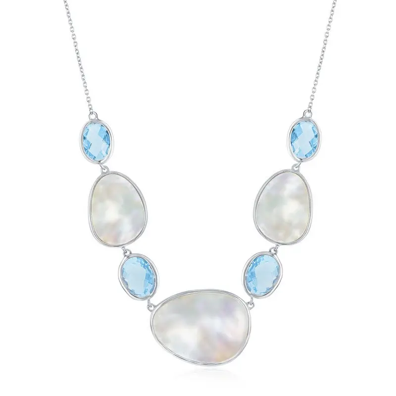 Sterling Silver Alternating Oval Blue Topaz and Mother of Pearl Necklace