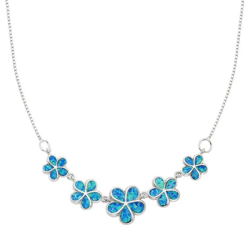 Sterling Silver Blue Inlay Opal Multiple Flowers Necklace