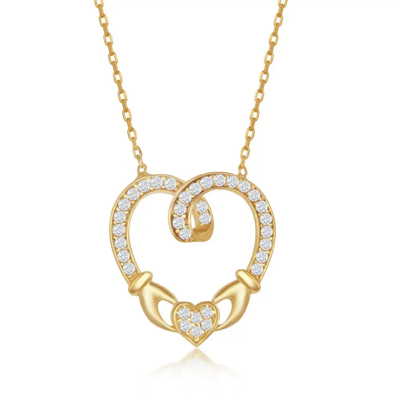 Sterling Silver, CZ Claddagh Style Heart Necklace - Gold Plated