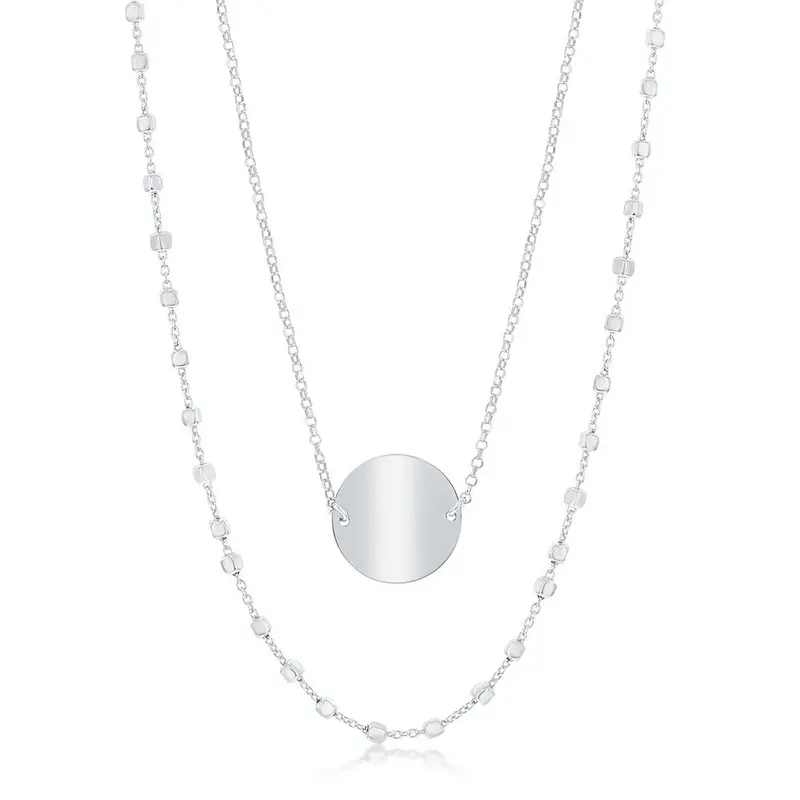 Sterling Silver Double Strand Beads by the Yard & Shiny Disc Necklace