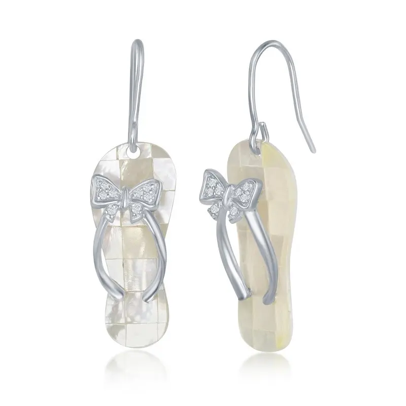 Sterling Silver MOP Mosaic Styled Flip Flop with CZ Bow Accent Earrings
