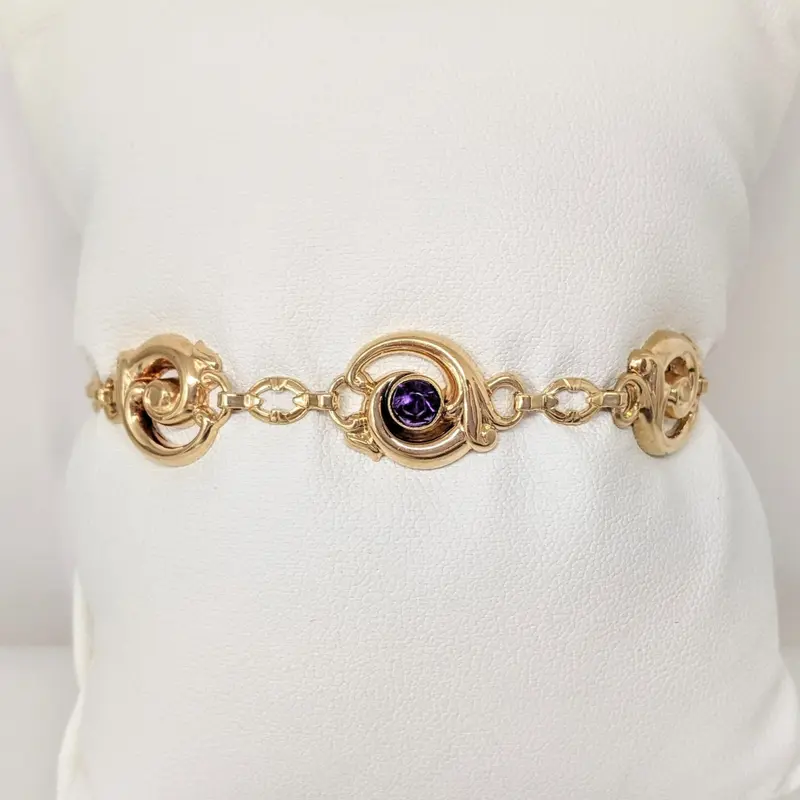 14k AMETHYST ROUND (3) BEZEL CIRCLE ESTATE BRACELET 7.8 GRAMS