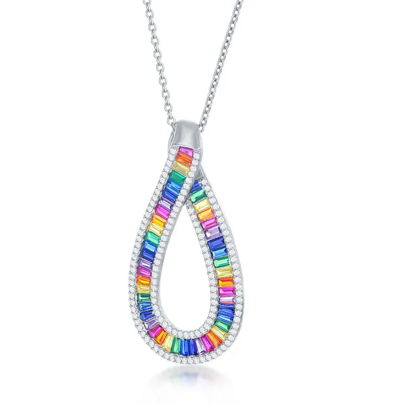 Sterling Silver Rainbow Baguette CZ w/ White CZ Border Pearshaped Necklace