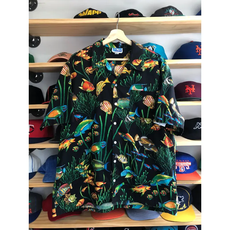 Vintage Wave Floral Fishes Button Down Shirt Size XL