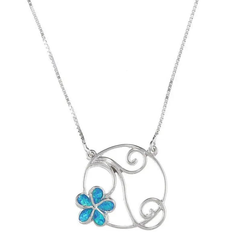 Sterling Silver, Blue Inlay Opal Flower Design Necklace