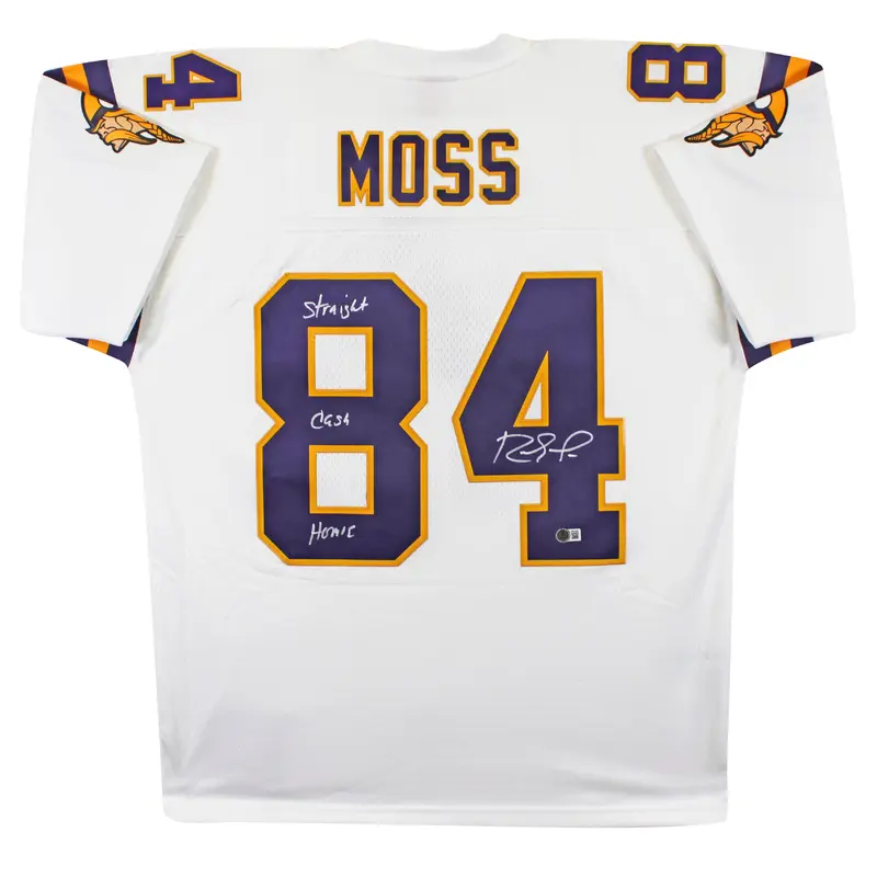 Vikings Randy Moss "Straight Cash Homie" Signed White M&N Jersey BAS Witnessed