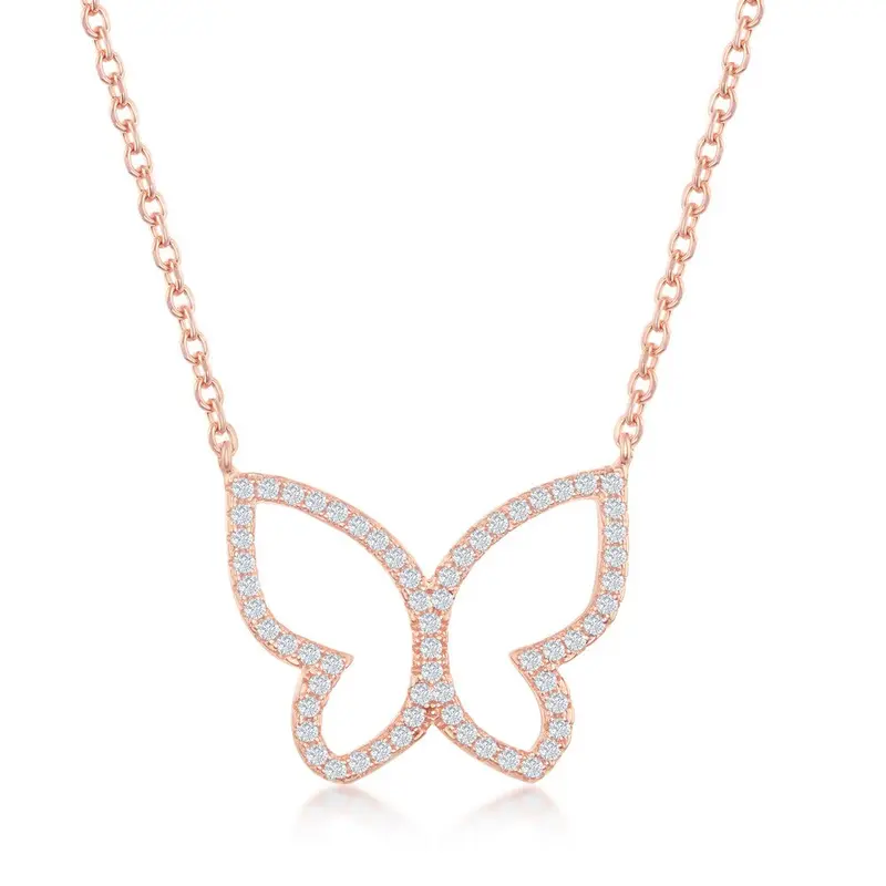 Sterling Silver, Open Butterfly CZ Necklace - Rose Gold Plated