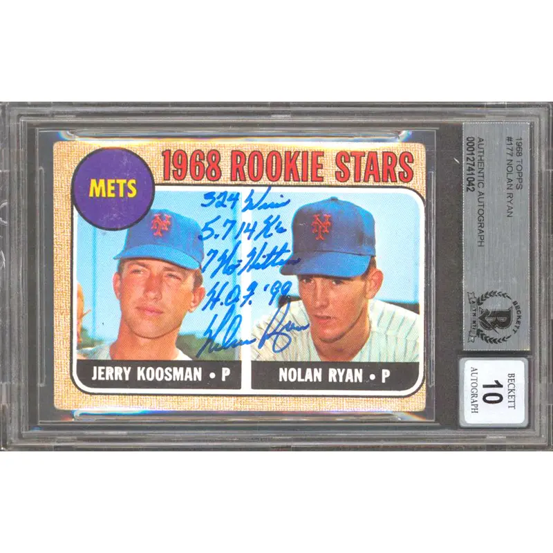 Mets Nolan Ryan "Stat" Signed 1968 Topps #177 Rookie Card Auto Grade 10 BAS Slab