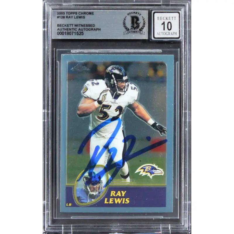 Ravens Ray Lewis Signed 2003 Topps Chrome #128 Card Auto Graded 10! BAS Slabbed