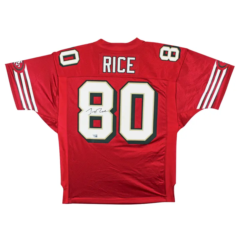 49ers Jerry Rice Signed Red Adidas TB Jersey w/ Dropshadow Fanatics #DQ16477950