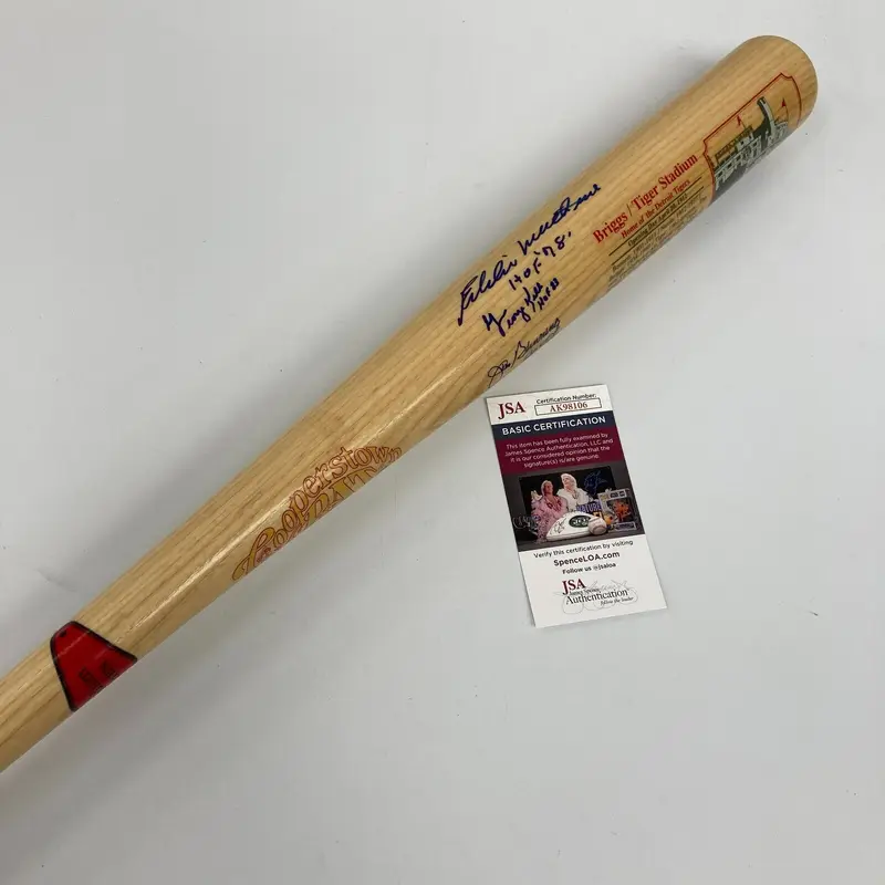 Eddie Mathews Jim Bunning Tiger Stadium Cooperstown Signed Baseball Bat JSA COA
