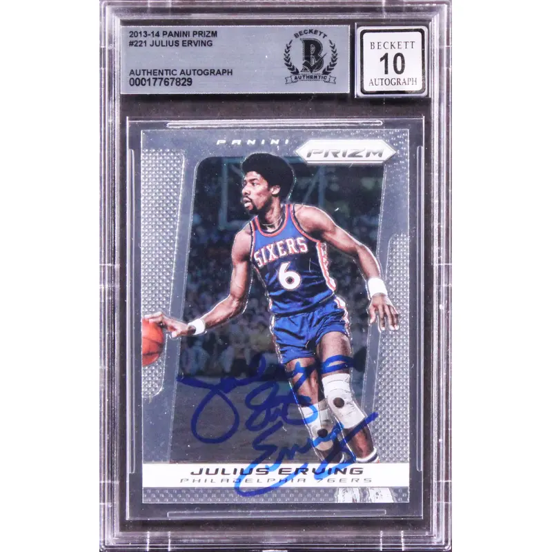 76ers Julius Erving Signed 2013 Panini Prizm #221 Card Auto 10! BAS Slabbed