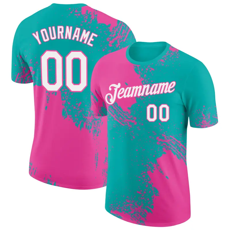 Custom Aqua White-Pink 3D Pattern Design Abstract Brush Stroke Performance T-Shirt