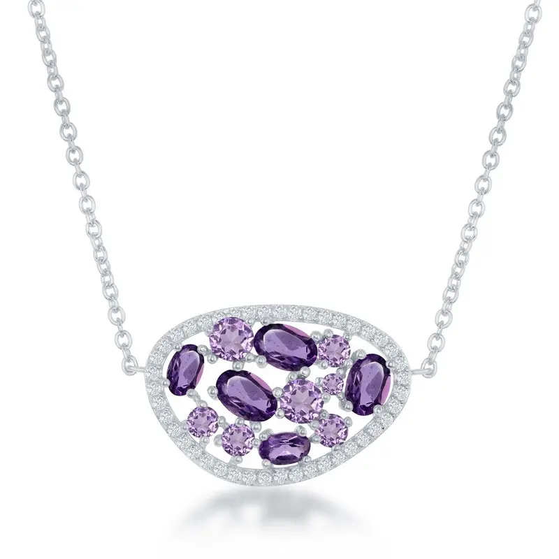 Sterling Silver Multi Shaped Amethyst with White Topaz Border Necklace