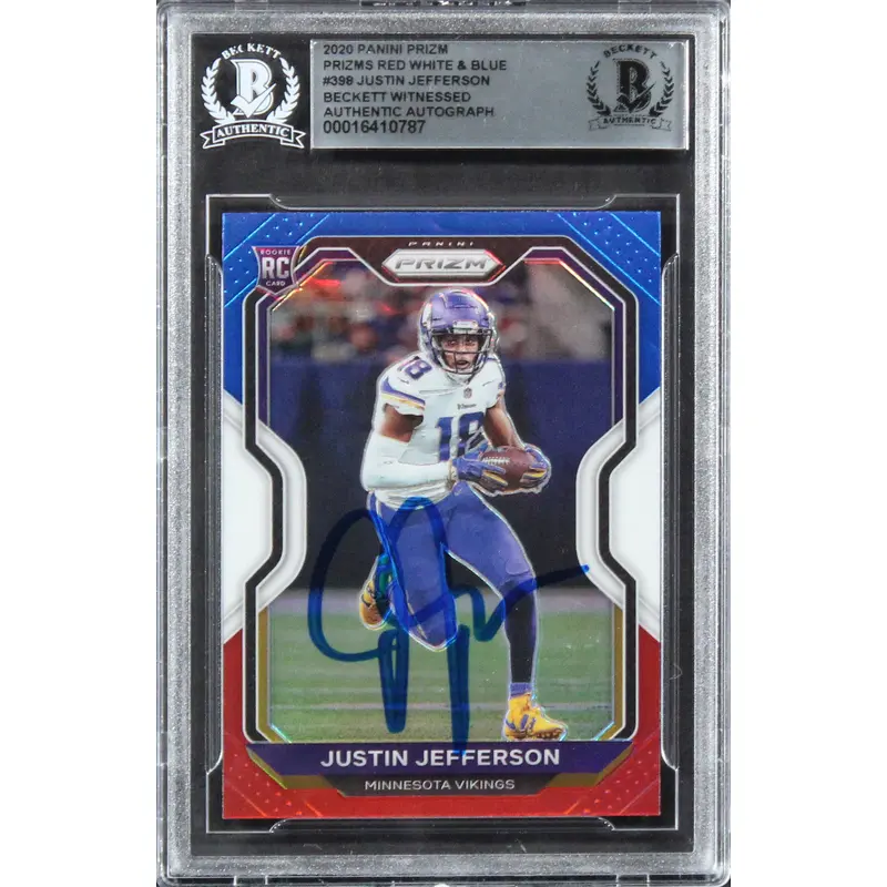 Vikings Justin Jefferson Signed 2020 Panini Prizm RWB #398 Rookie Card BAS Slab