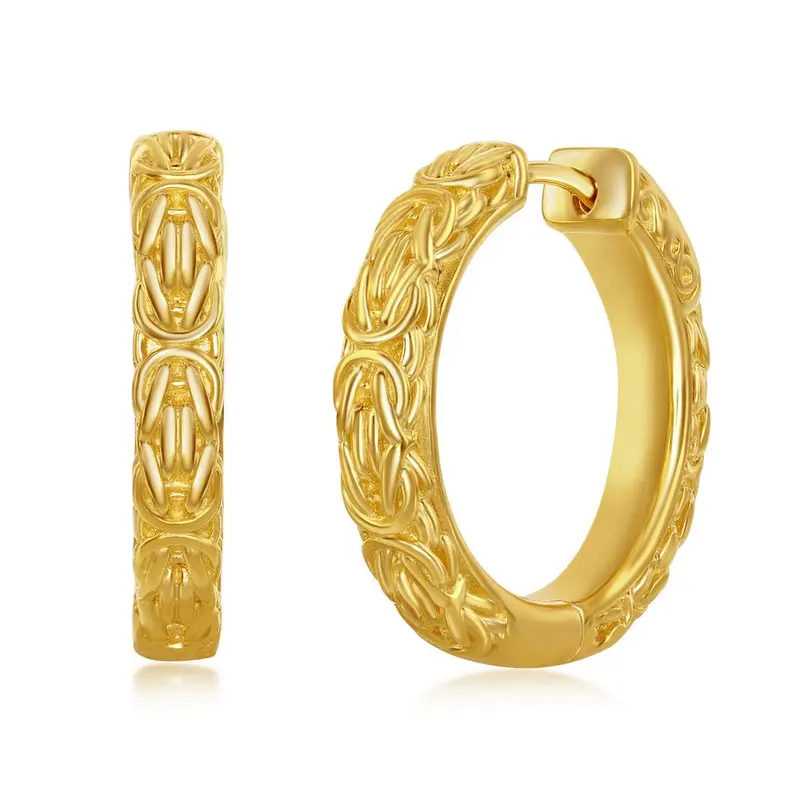 Sterling Silver, Byzantine Design 25mm Hoop Earrings - Gold Plated