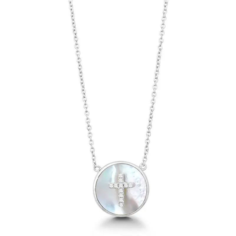 Sterling Silver Round MOP with Center CZ Cross Necklace