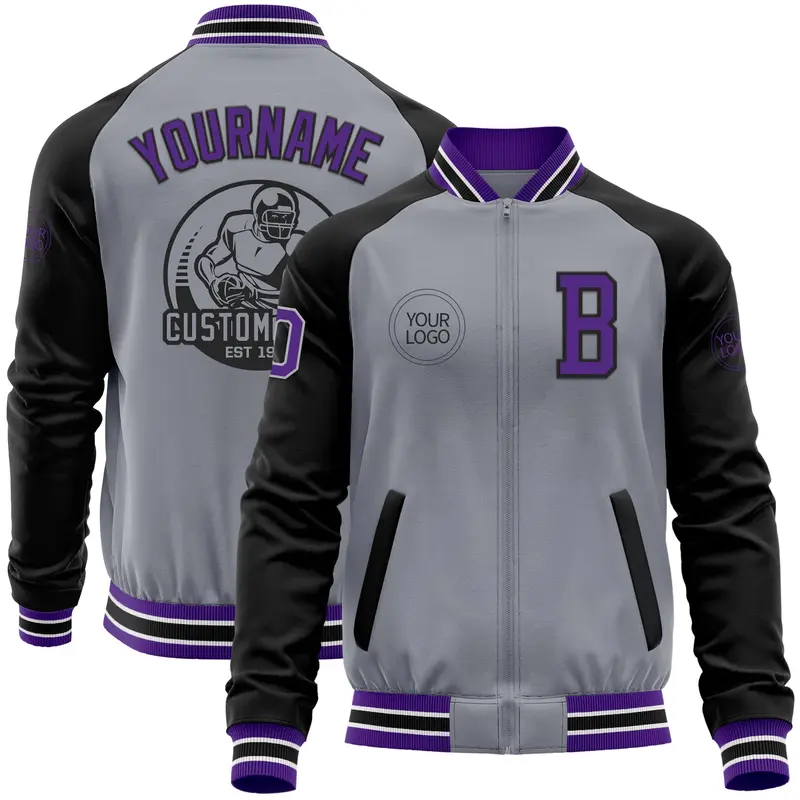Custom Gray Purple-Black Bomber Varsity Letterman Two Tone Zipper Jacket