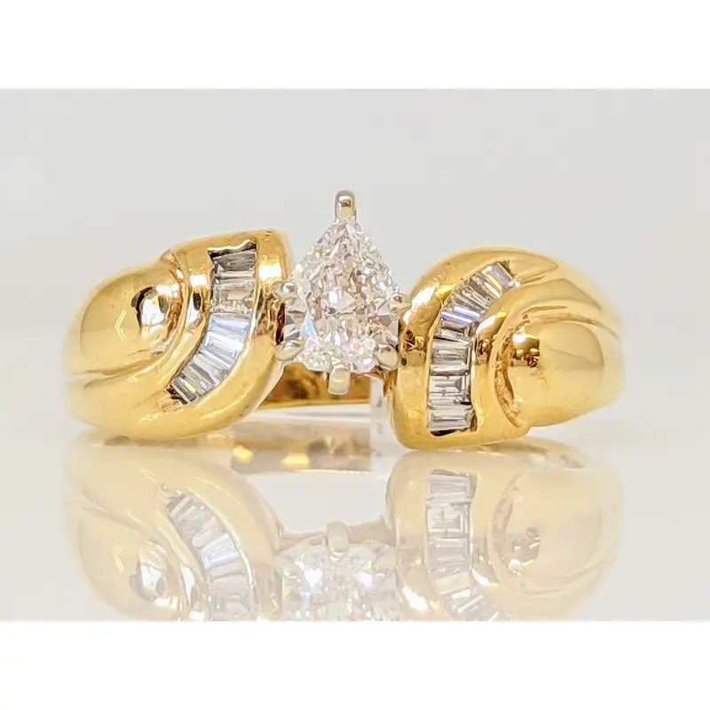 14K .33 CARAT TOTAL SI I MODIFIED PEAR DIAMOND WITH (13) BAGUETTE ESTATE RING 4.1 GRAMS