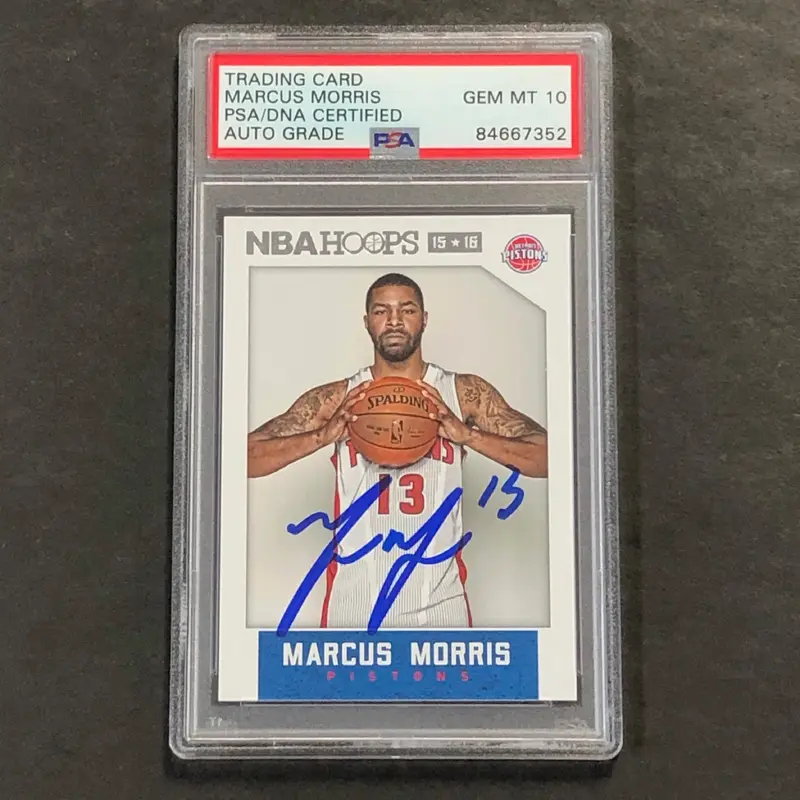 2015-16 NBA Hoops #104 Marcus Morris Signed Card AUTO 10 PSA Slabbed Pistons