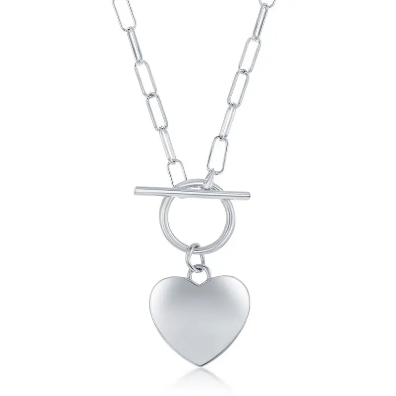 Sterling Silver, Shiny Heart, Paperclip Chain & Toggle Necklace
