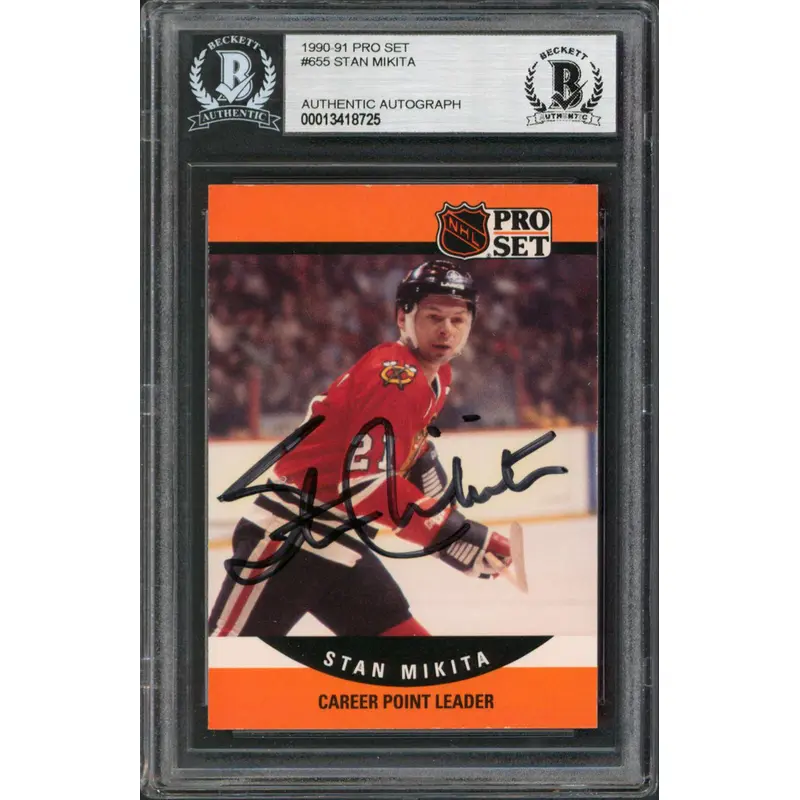 Blackhawks Stan Mikita Authentic Signed 1990 Pro Set #655 Card BAS Slabbed