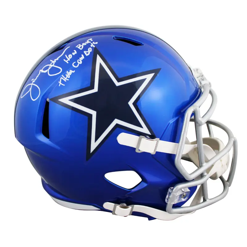 Cowboys Jimmy Johnson "HBTC" Signed Flash Full Size Speed Rep Helmet BAS Witness