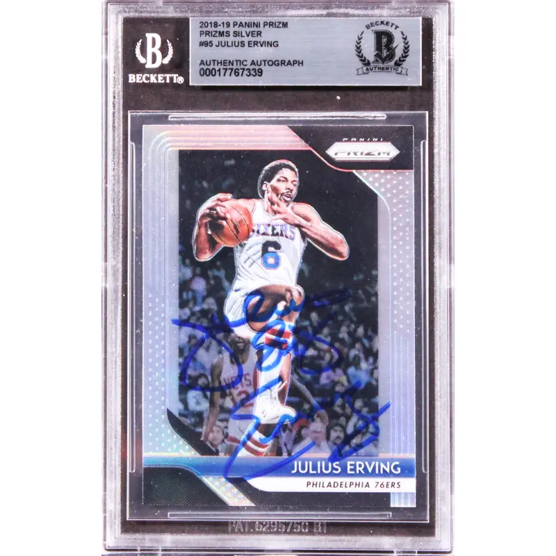 76ers Julius Erving Signed 2018 Panini Prizm Prizms Silver #95 Card BAS Slabbed