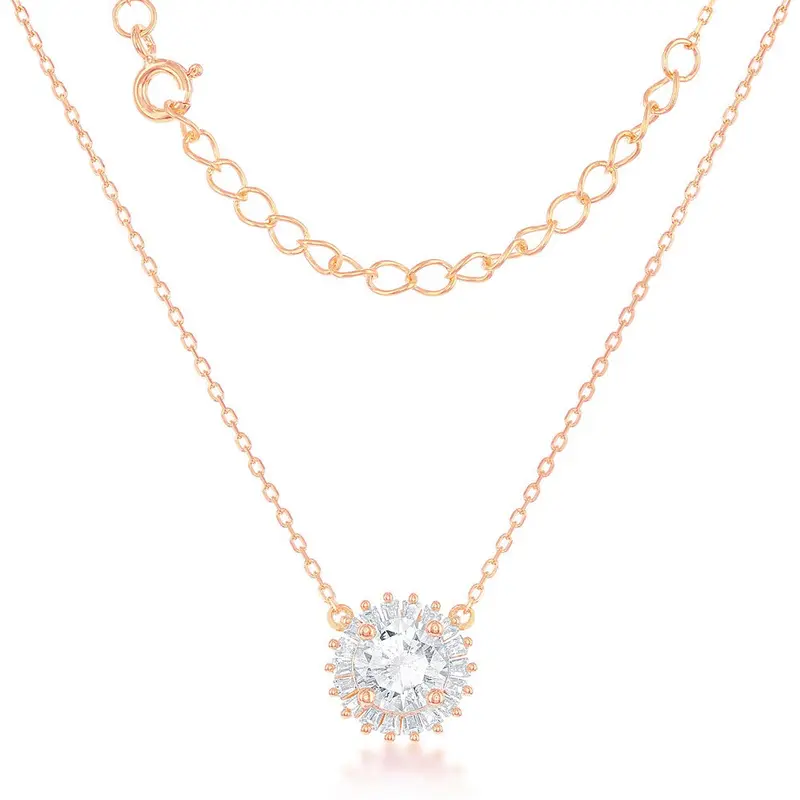 Sterling Silver Small Round CZ with CZ Border Necklace - Rose Gold Plated