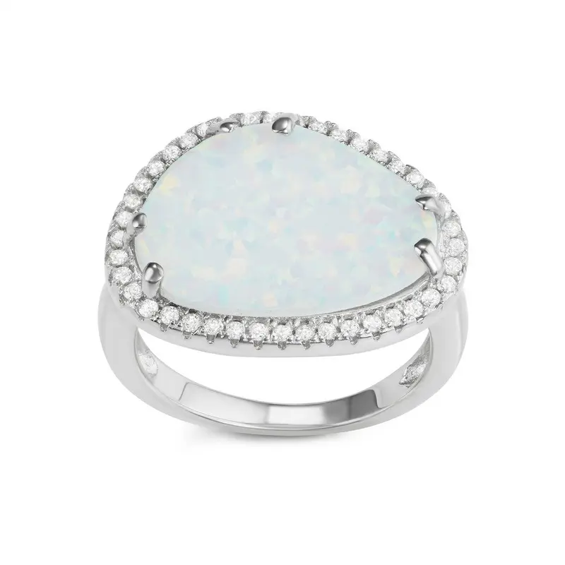 Sterling Silver White Inlay Opal Rounded Triangle with CZ Border Ring
