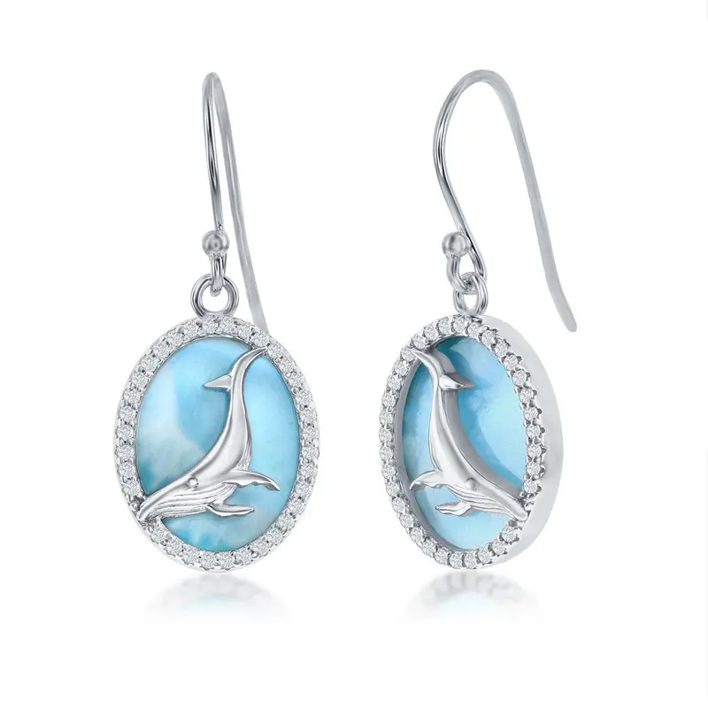 Sterling Silver, Larimar w/Center Whale and CZ Outline, Oval Earrings