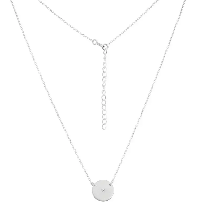 Sterling Silver  Small Matte Disc with Center CZ Necklace