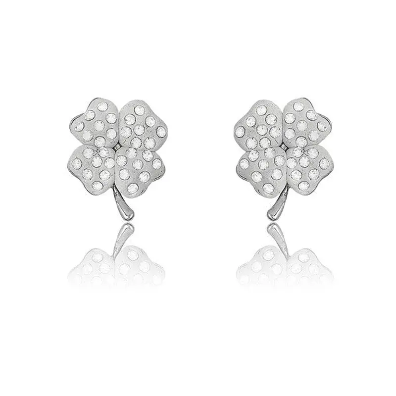 Sterling Silver White Enamel 4-Leaf Crystals Earrings